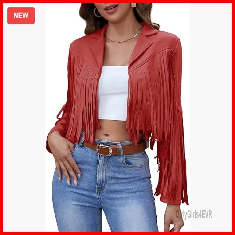 Faux Leather Cropped Jacket with Fringe Tassels, Western Style